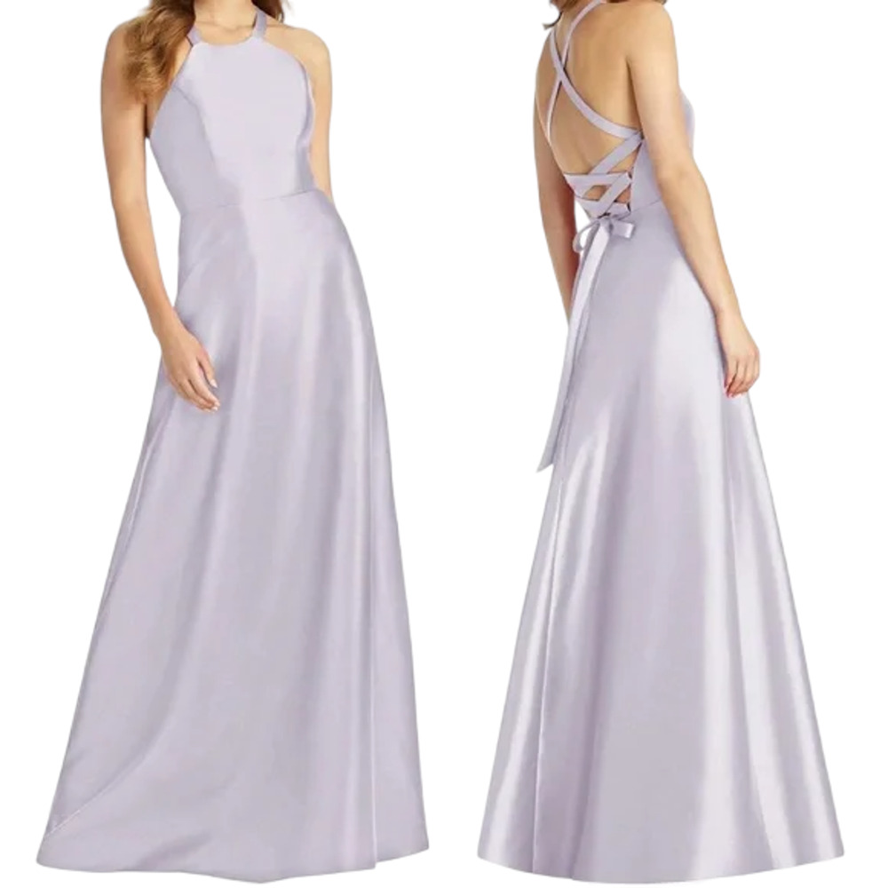 Alfred Sung D763 Modern Lace Up Back Bridesmaid Dress in Moondance Size 4